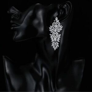 Anthropologie Silver Cubic Zirconia Wedding Earrings, Bridal, Dangle,Anniversary